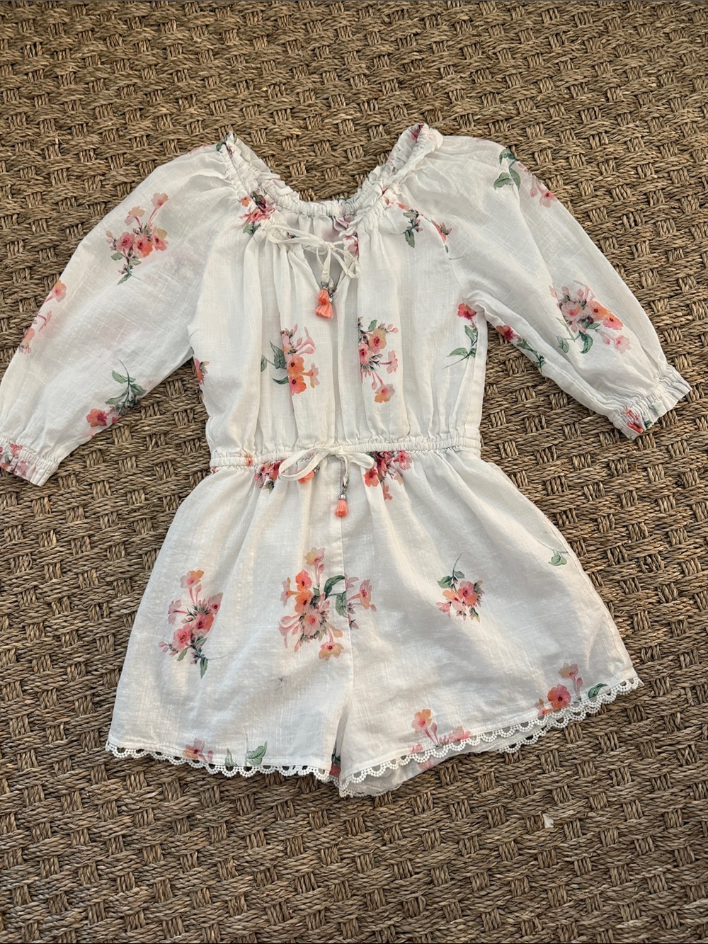 Zimmermann White Floral Girls' Romper with Pink and Coral Flowers